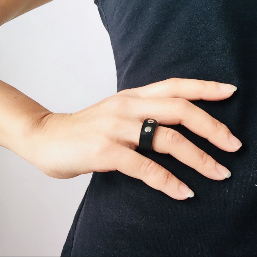 Minimalist Leather Ring Black Nickel Double Rivet